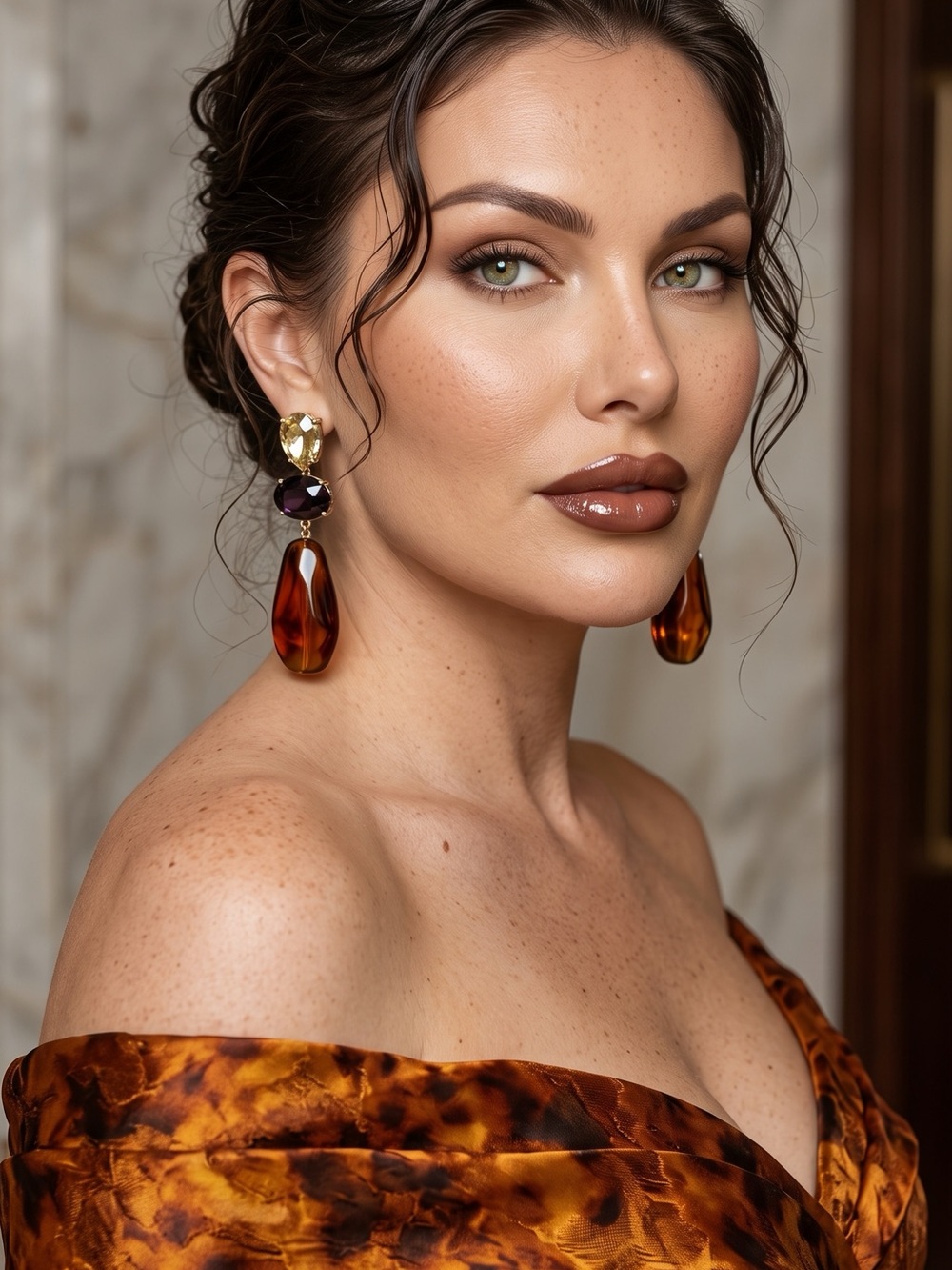 Elegant Amber Drop Statement Earrings - Gold Accent 8cm - Picture 1 of 11